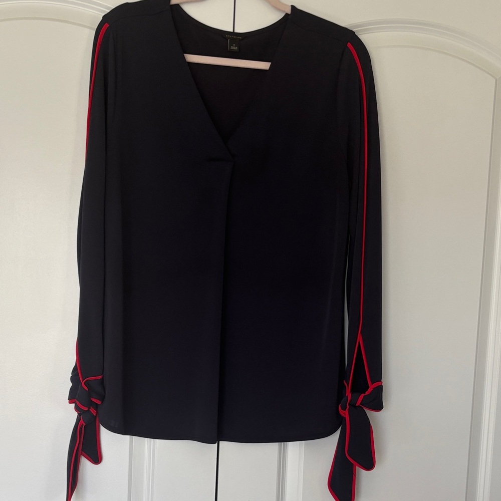 Ann Taylor Black V-Neck Blouse with Red Trim